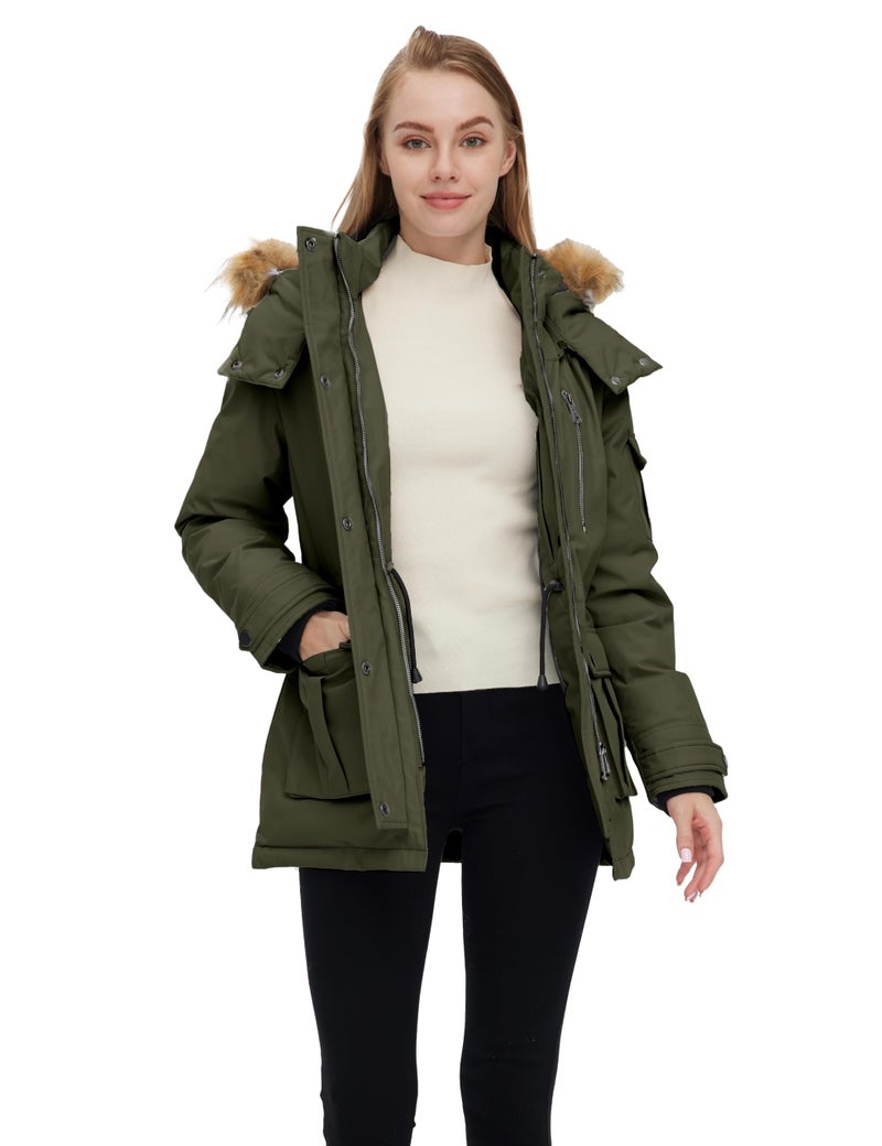 wantdo Women's Quilted Winter Coat Warm Puffer Jacket Thicken Parka with Removable Hood Army Green Large - Image 4